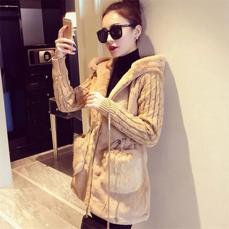 

Fashion Women Hooded Winter Warm Jacket Loose Knitted Plush Jacket Winter Thick Outerwear Coat Ladies Casual Coats Pocket New