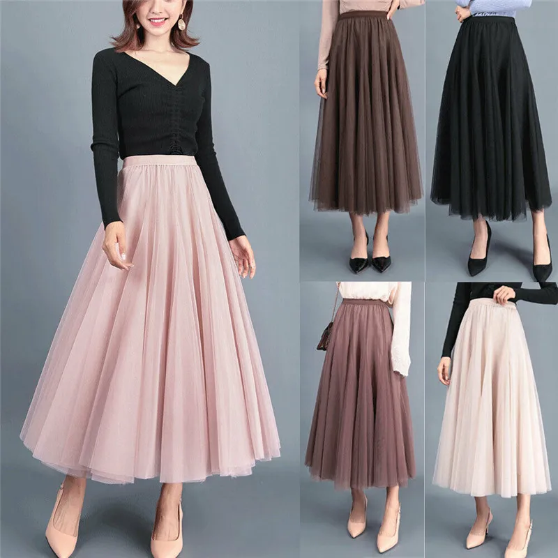 

Женская винтажная юбка с высокой талией, длинная Плиссированная фатиновая юбка-пачка из эластичной ткани, Осень-зима 2019