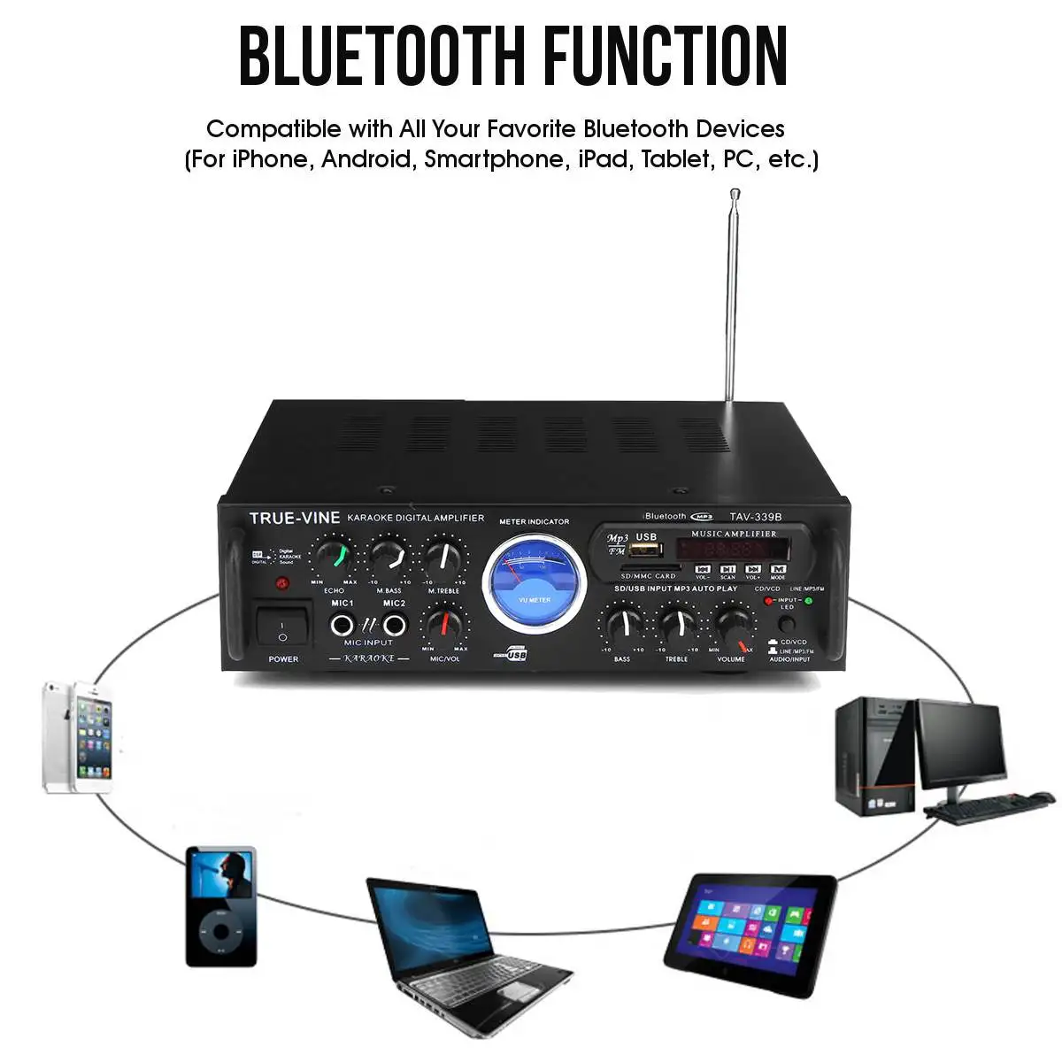 Усилитель мощности Sunbuck TAV-339B 2 канала 600 Вт bluetooth с измерителем VU FM-радио USB SD-картой