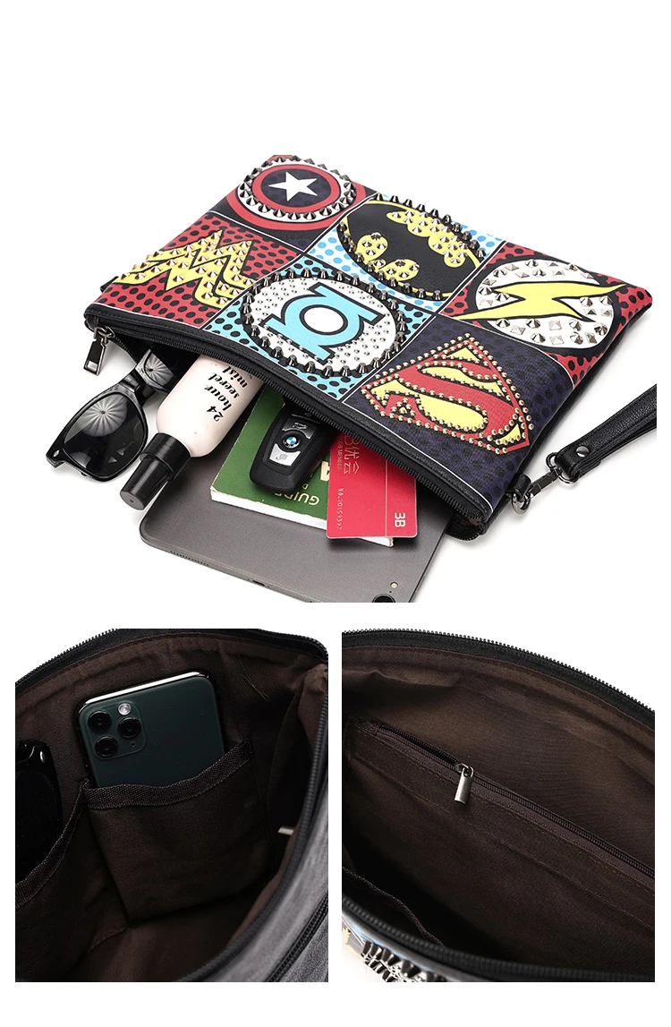 

2021 New men handbag Cartoon Printed shoulder bag for women popular movie bag Rivets Envelope Clutch luxury leather handbag men