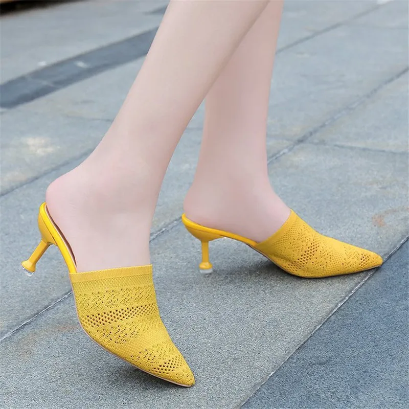 

Pointed Toes Woven Knit Fashion Women Half Med Heels Stilettos Mules Loafer Casual Feminine Slippers Slides Sandalias Shoes