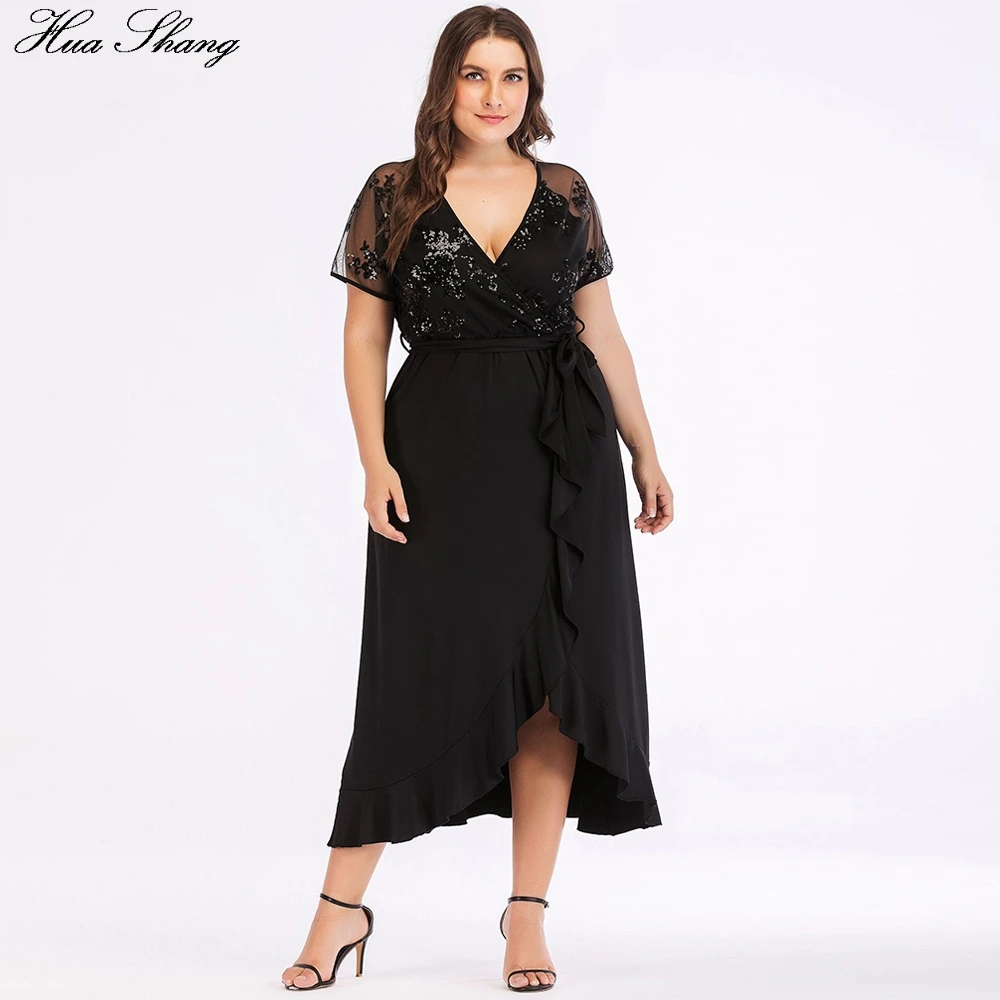 

Women Summer Casual Dress Plus Size Female V Neck Short Sleeve Sequied Party Dresses Ruffles Irregular Maxi Long Dress