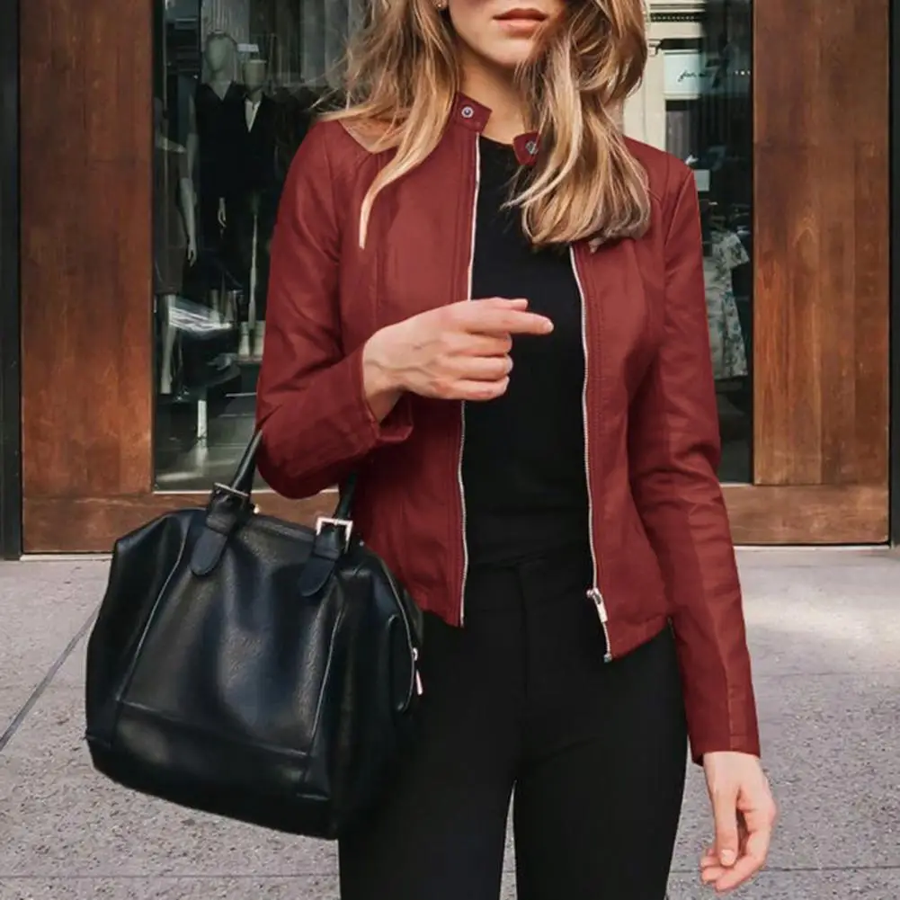 Куртка женская однотонная с воротником-стойкой плотная теплая приталенная для