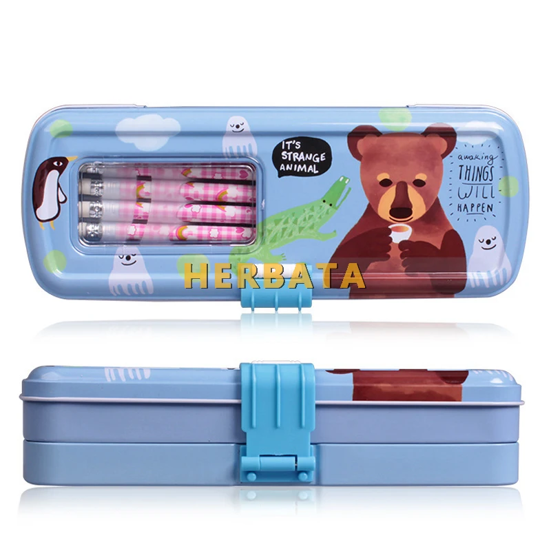 Пенал с мультяшным медведем и застежкой трехслойная жестяная коробка большой