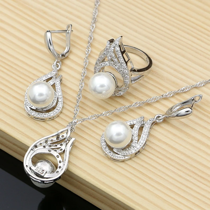 

Women Bridal Pearls Jewelry 925 Silver White CZ Jewelry Sets Wedding EarringsNecklace Set Dropshipping