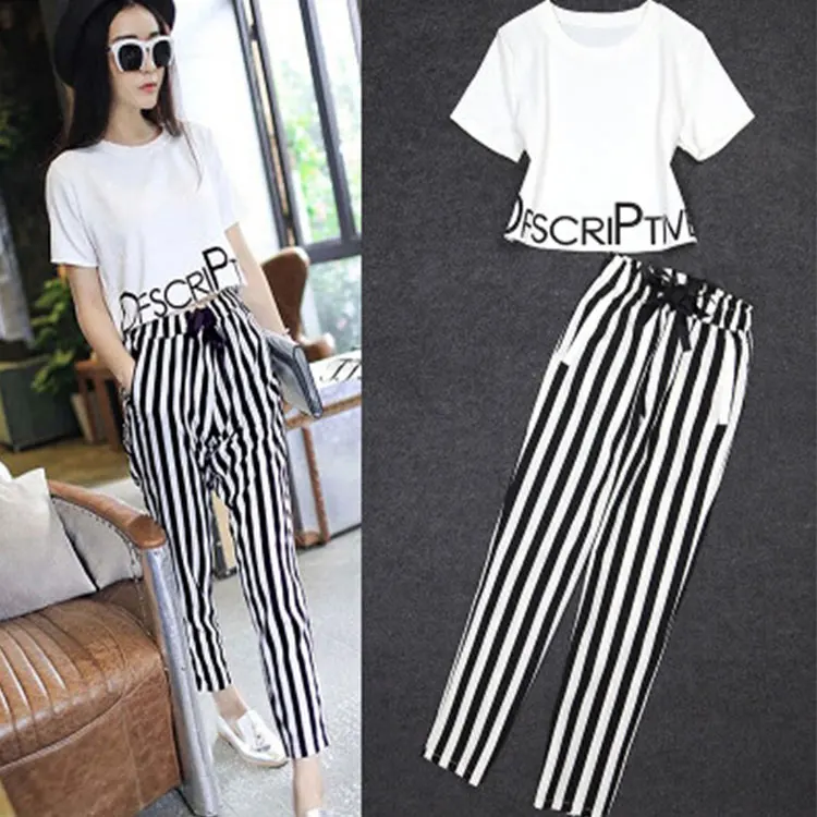 

2021 new star women's small fragrance fashion short-sleeved T-shirt striped harem pants casual suit