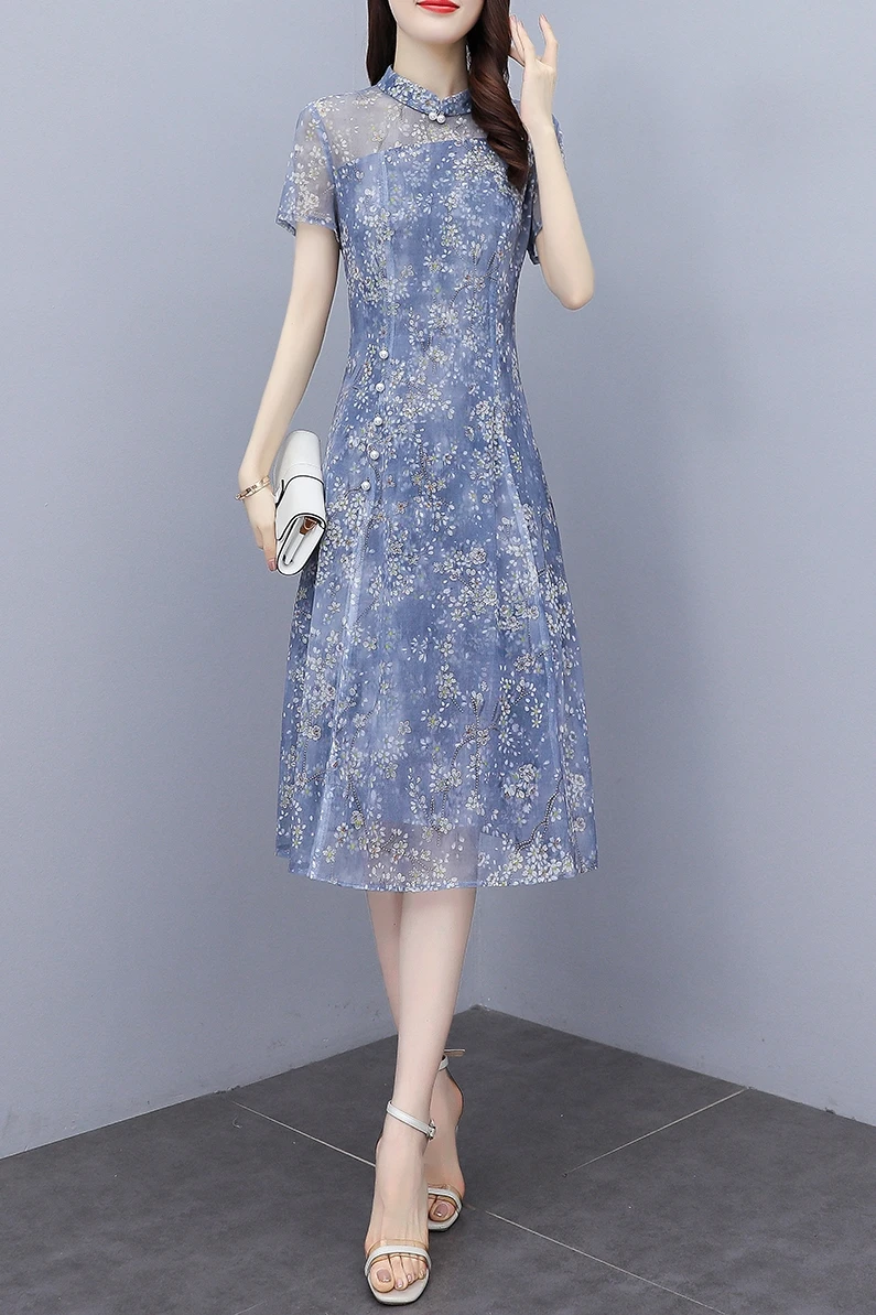 

Chiffon Loose Plus Size Women's Dress New Fashion Casual Short Sleeve Dresses Mid-length Summer Floral Stand-up Collar Houthion