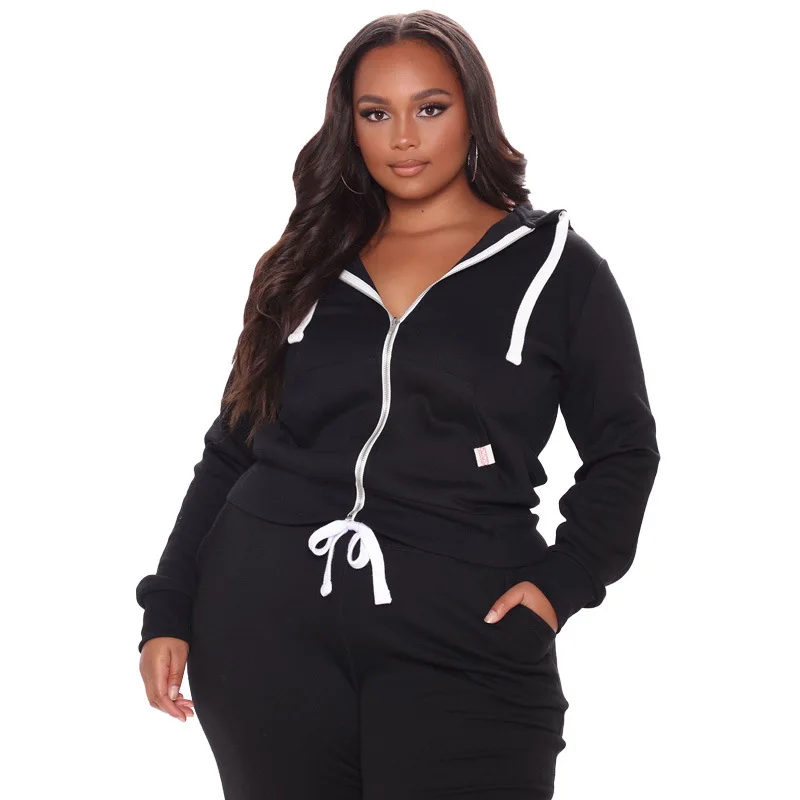 

Solid Color Two Pieces Outfit for Women Zipper Hoodies Matching Set Casual Fashion Tracksuit Sports Jogging Wear Plus Size