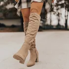Женские сапоги до бедра, модные замшевые сапоги на высоком каблуке со шнуровкой, женские ботфорты размера плюс, Прямая поставка 2020