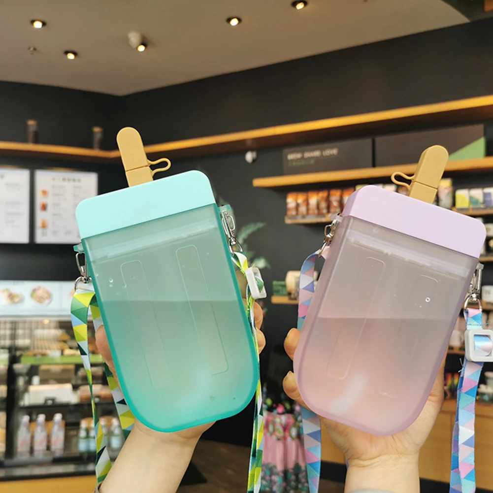 

300ml Transparent Sports Bottles with Shoulder Strap Outdoor Drinking Cups Kettle Mug Plastic Cute Popsicle Straw Cup
