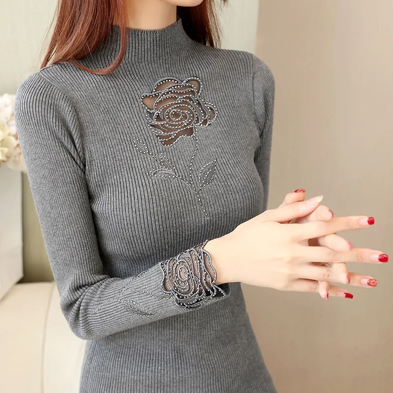 

2020 Autumn New Sweater Short Section Half High Collar Mesh Stitching Lace Thin Section Knit Sweater Casual Wild Pullover Women