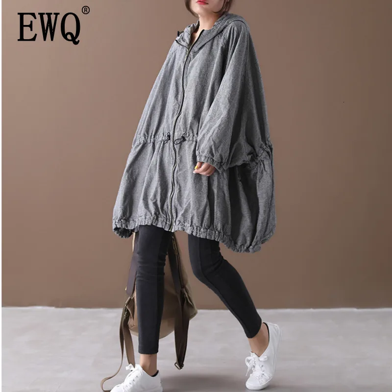 [EWQ] Autumn New Pattern Office Lady Style A-line Loose Full Sleeve Solid Color Zipper Hooded Collar Windbreak Coat AF890