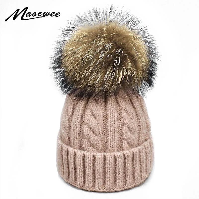 

Kids Women Real Fur Pompon Beanies Hat Winter Wool Crochet Knitted Hat Fashion Natural Fur Pom Pom Female Soft Solid Warm Beanie