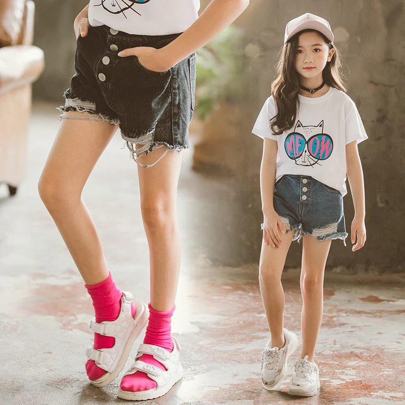 Летние детские шорты для маленьких девочек эластичные рваные джинсы потертые