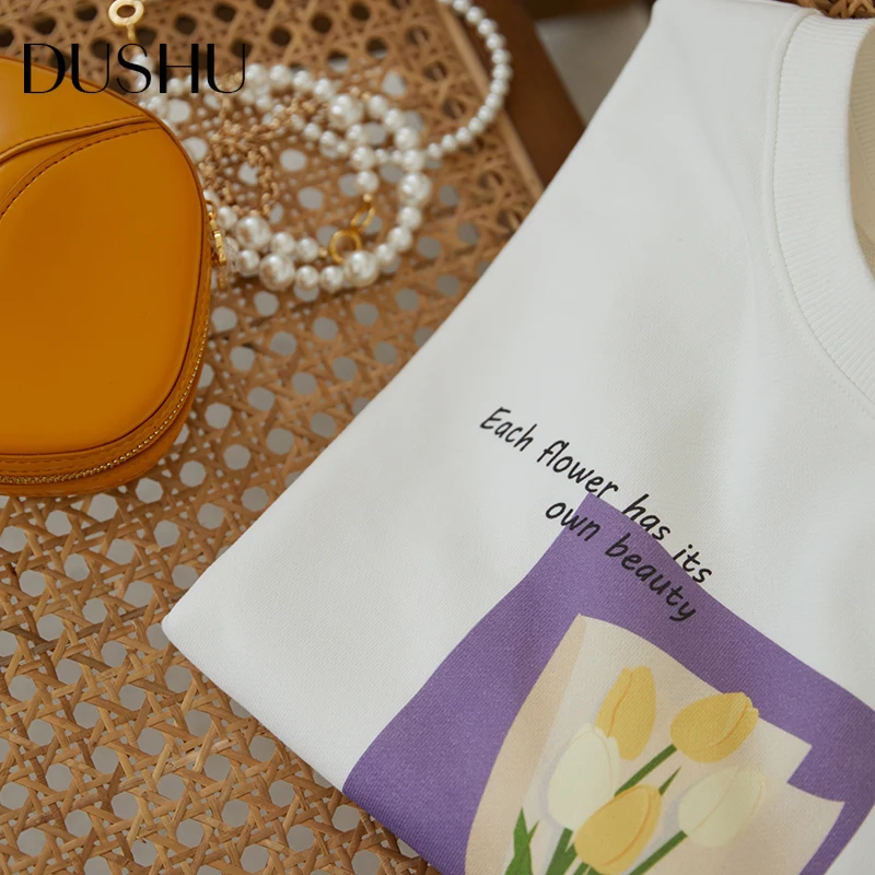 

DUSHU Oversized white floral print casual sweatshirt Women long sleeve autumn plus size top Vintage short female sweatshirt 2020