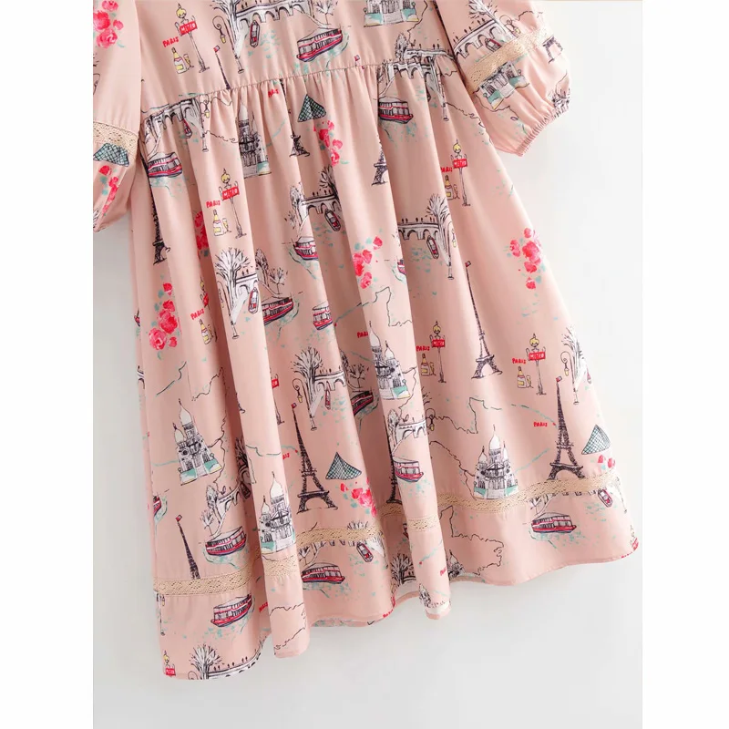 

Round Neck Short Sleeve Loose Harajuku Tower Printing Women's Dress National Wind Casual Cartoon Cute and Fresh Female Dress