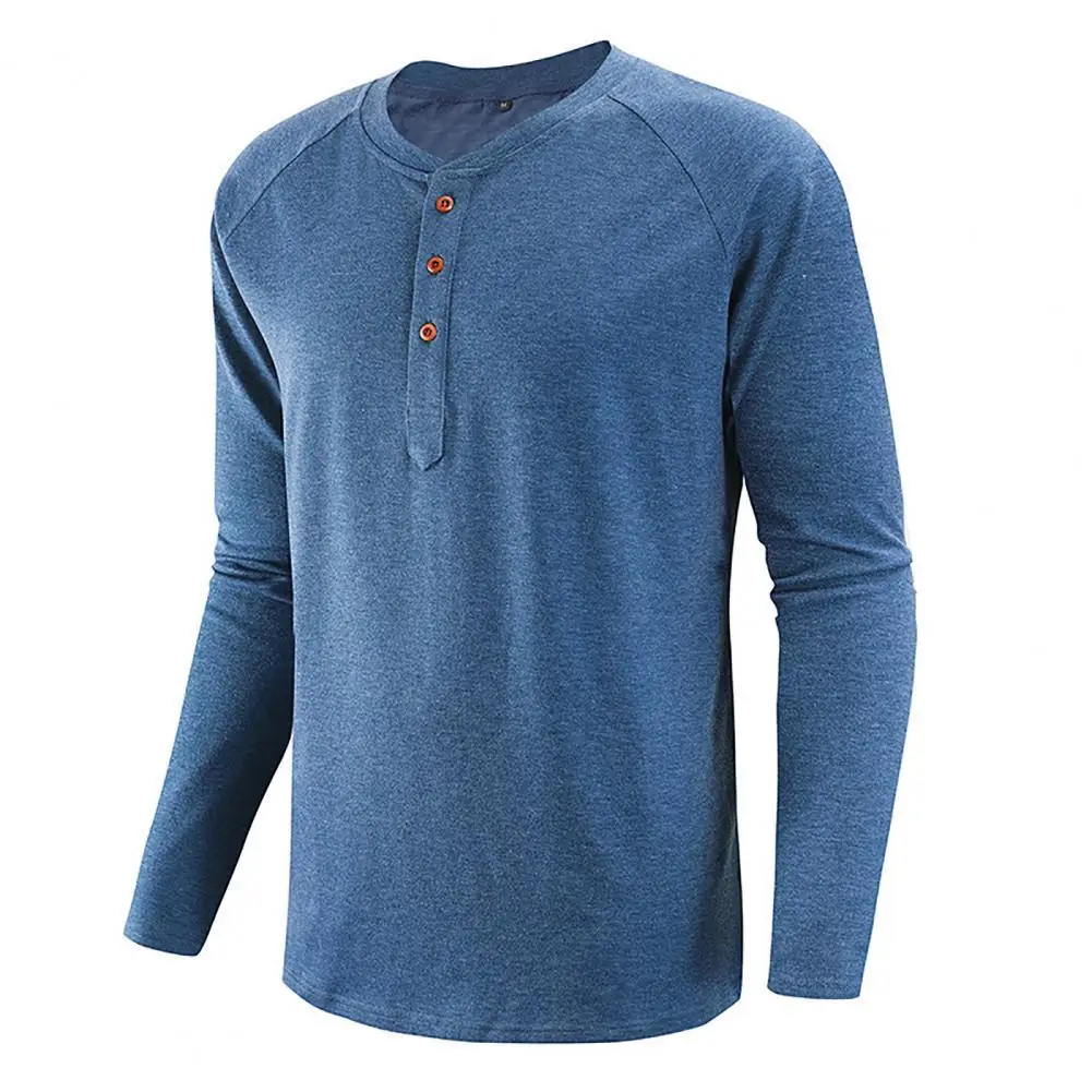 

Solid Color Buttons Men T-shirt Sweat-absorbing Long Sleeve O-neck Tee Shirt Male Clothing