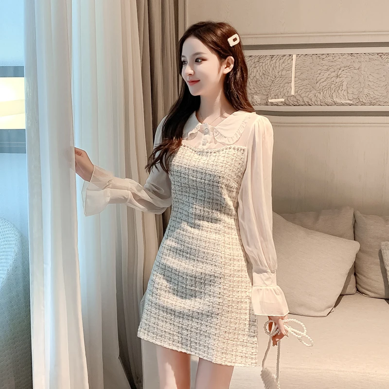 

2021 spring French Korean version of the Small Fragrance Dress age reduction fashion chiffon sleeve stitching doll collar Dress