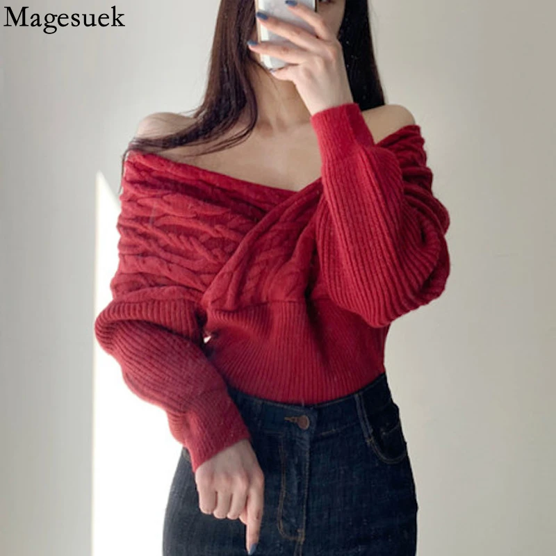 

Осенний Свободный пуловер, женский свитер, корейский модный пикантный свитер с перекрестным V-образным вырезом, вязаный тонкий мягкий Повсе...