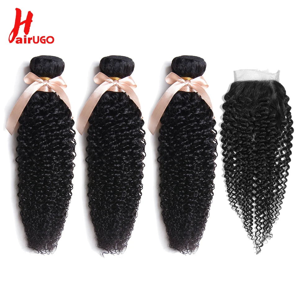 HairUGo волосы предварительно крашеные бразильские волосы кудрявые Кудрявые Волнистые 3 пучка человеческих волос с закрытием# 1b натуральный черный не Реми бесплатно S