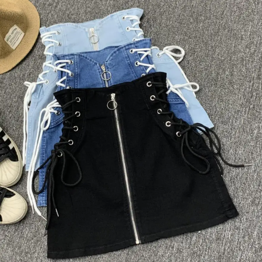 

Denim A-line lace-up skirts women front ring zipper fashion empire mini skirt bottoms women