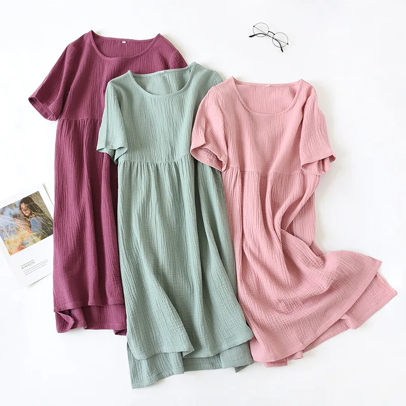 

summer women's pajamas pure cotton gauze pure color nightdress ladies evening round collar thin comfortable home robes women