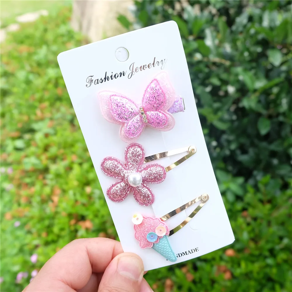 3 шт./компл. милые бабочки для девочек блестящая заколка волос с цветком kawaii