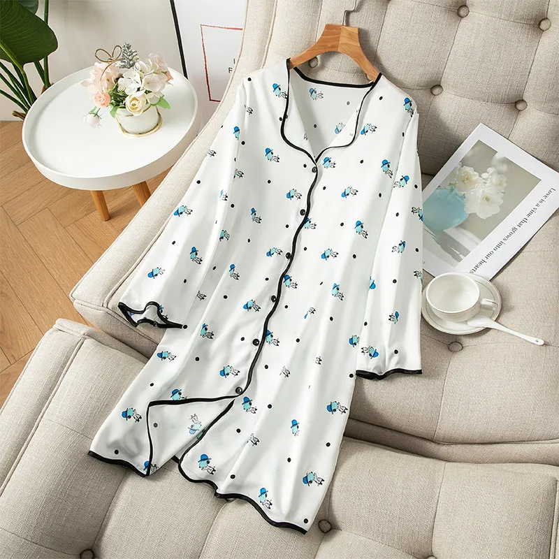 

Summer New Women Nightgown Print Nightdress Satin Sleepwear Casual Sleep Shirt Lounge Wear Soft Intimate Lingerie Home Clothes