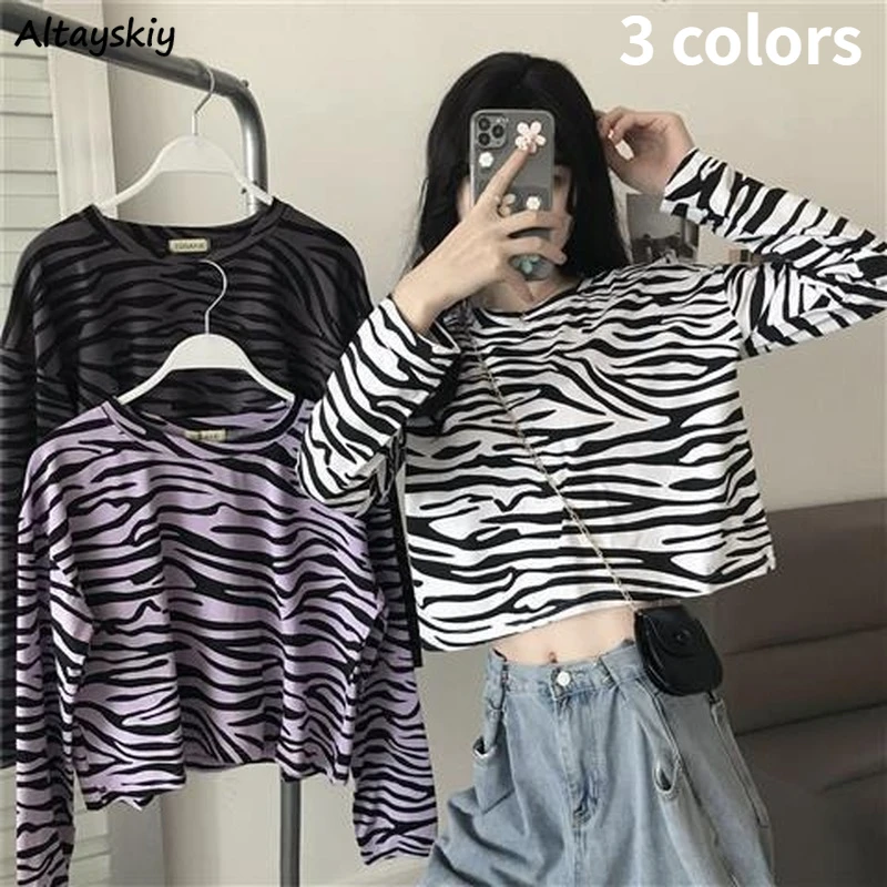 

Футболка женская с длинным рукавом, укороченный топ с принтом зебры, шикарная крутая уличная одежда, свободный Универсальный весенний модн...