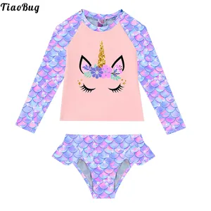 Imported TiaoBug 2Pcs Kids Girls Fish Scales Print Swimming Suit Round Neck Long Sleeves Cartoon Horse Print 
