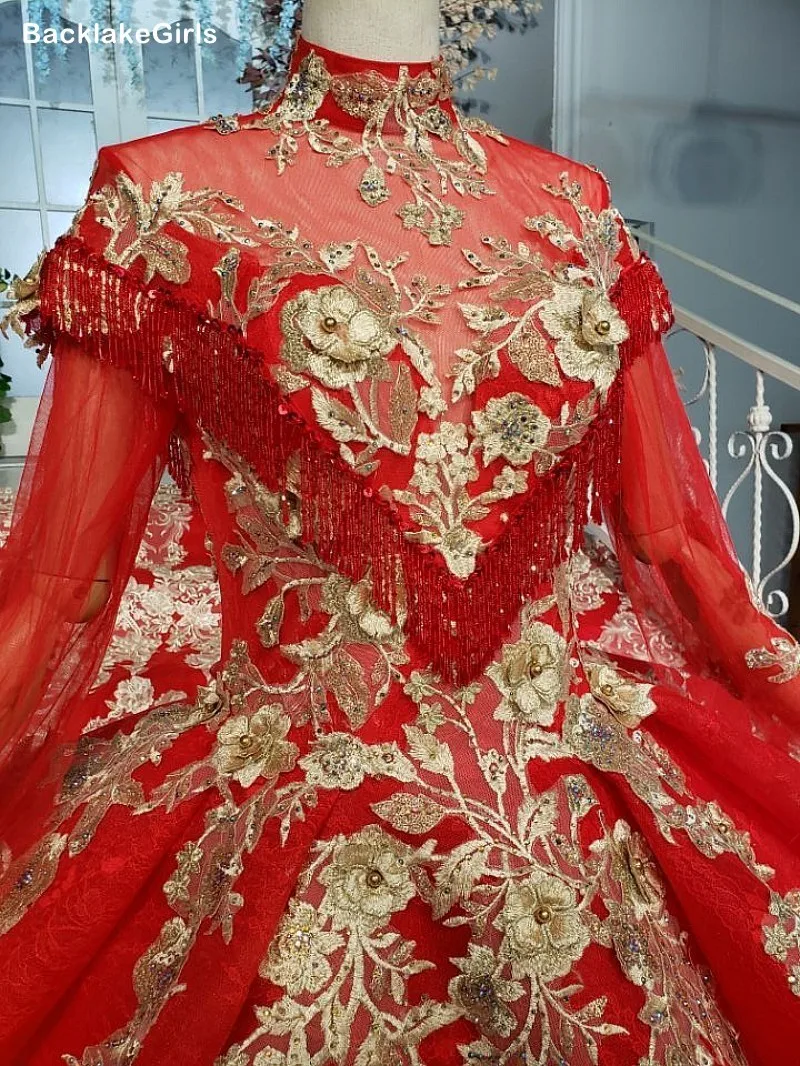 2020 Mariage винтажное красное мусульманское свадебное платье с высоким воротом и