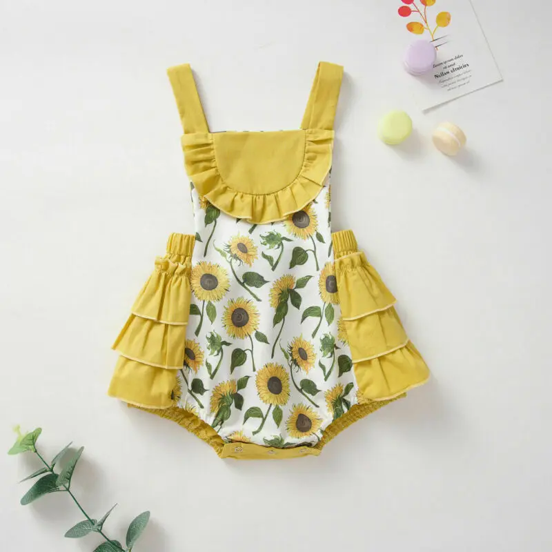 

AA 2020 Kids Baby Girls Clothes Sunflower Printed Bodysuit Jumpsuit Outfit One Piece Clothes Ruffle Backless Bodysuits