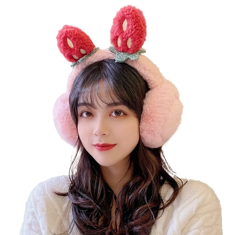 

Women Student Winter Fluffy Plush Earmuffs Cute Cartoon 3D Strawberry Ears Earflap Foldable Portable Ear Warmers Covers Headband