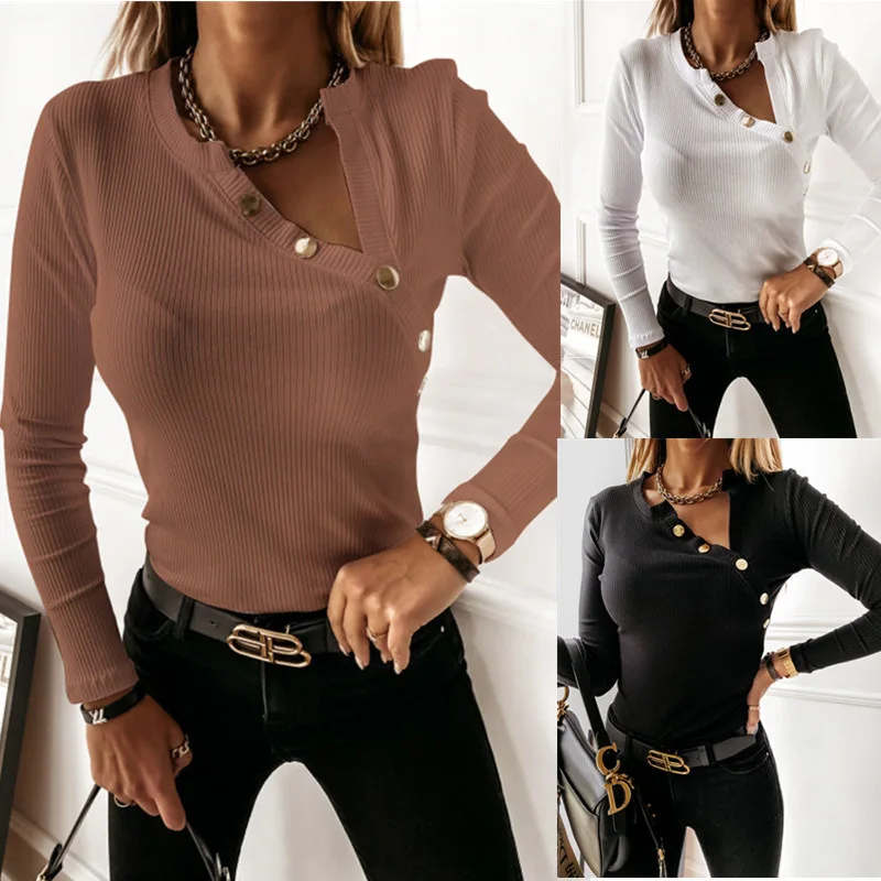 

Solid Tee Shirt Pulovers Tunic Top Female Clothing 2021 Autumn Women's Casual Sexy Hollow Out Bandage V Neck Long Sleeve T-shirt