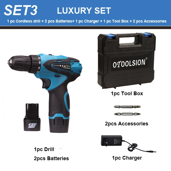 SET3 (2 pcs battery) Электрические Шуруповерты с переменной скоростью 12 В 1500 мАч с 2 батареями, электрическая дрель, Аккумуляторная дрель, электроинструменты+ 2 шт., сверло, подарок - Цвет: SET3 (2 pcs battery)