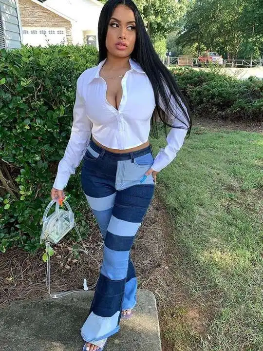 

Fashion Women Jeans High Waist Bodycon Button Zipper Contrast Patchwork Bell Botton Pants For Streetwear Party With Real Photos