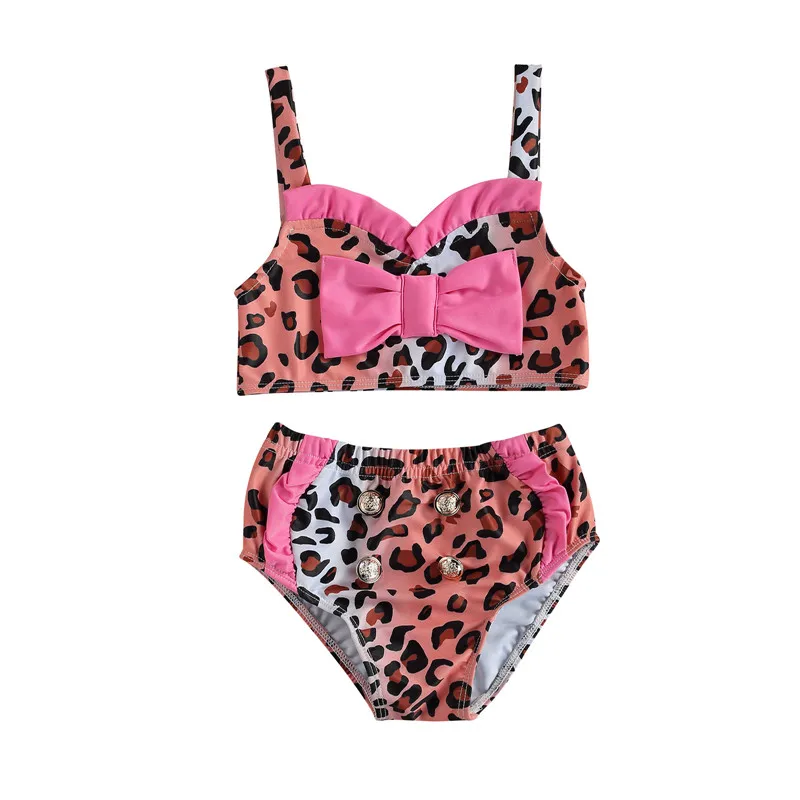 

Toddler Girls Two Piece Swimsuits, Cute Leopard Print Bowknot Strap Bikini Tops + Bottom Set