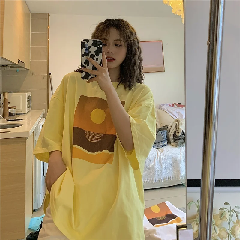 

Summer loose Korean of Harajuku style sunset print short-sleeved T-shirt women