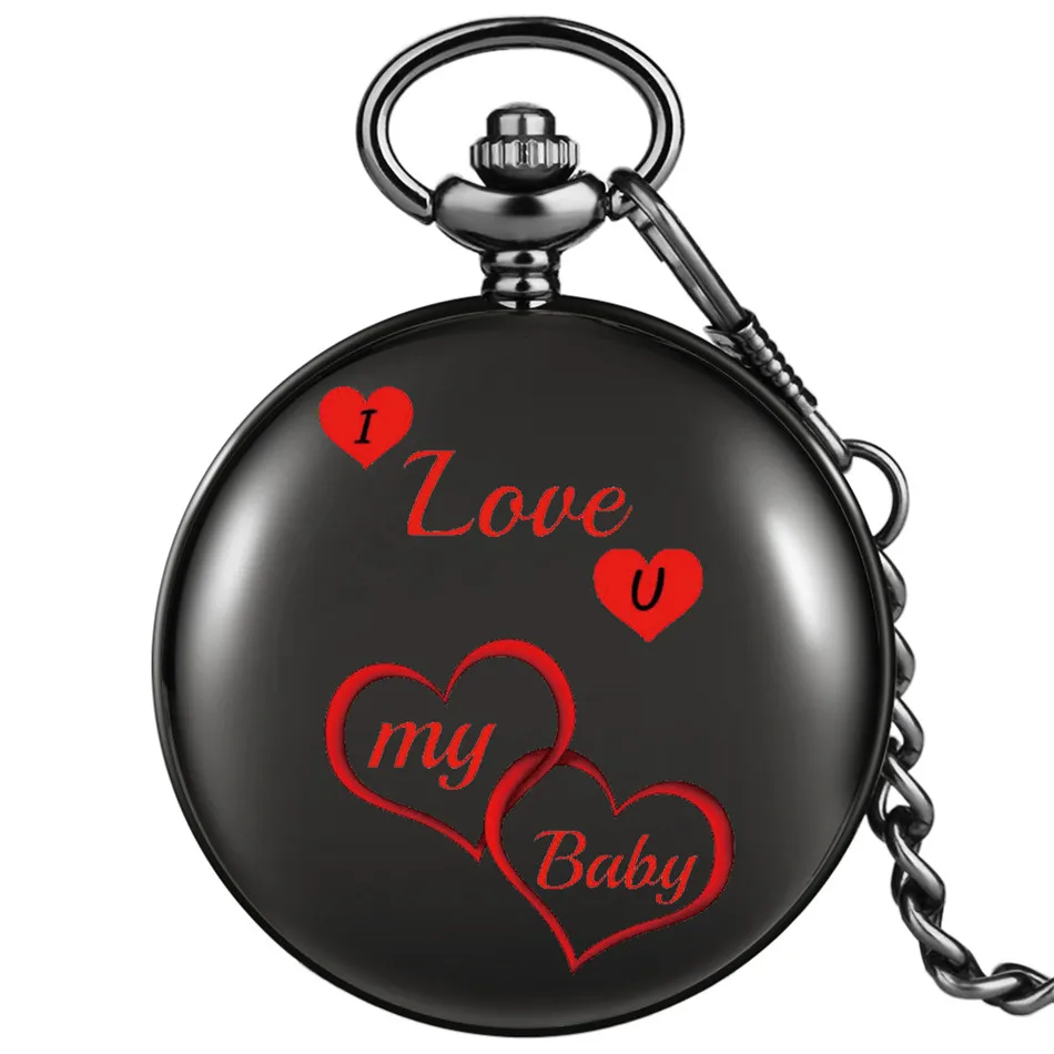 

Personalized Text Printed "Red Hearts I Love U My Baby" Quartz Pocket Watch Arabic Numerals Dial Pendant Antique Timepiece Gifts