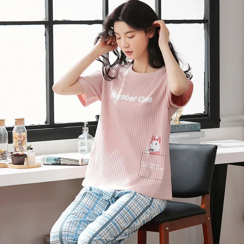 

Женская уличная Домашняя одежда, летняя модная Синяя Клетчатая Пижама с коротким рукавом, хлопковая Милая женская одежда для сна с круглым ...