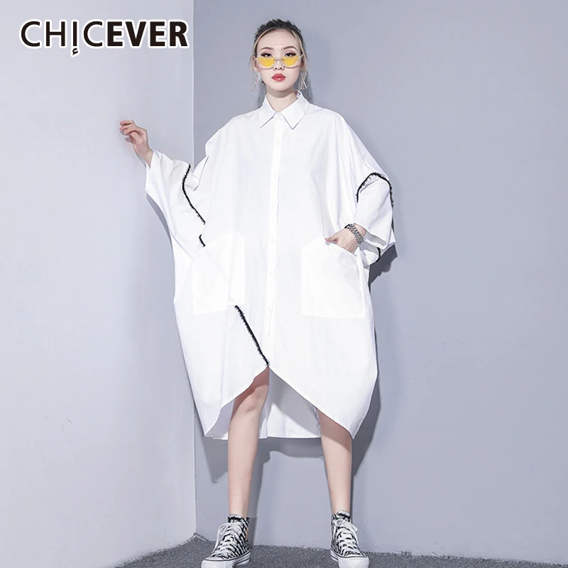 Женское асимметричное платье миди CHICEVER Пестрое большого размера с отложным воротником и рукавом летучая