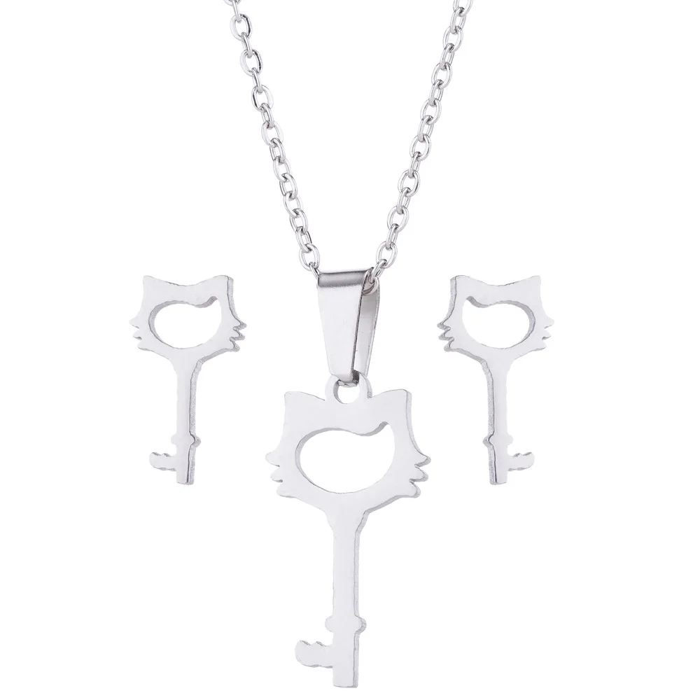 

New Ladies Fashion Charm Cat Key Set Cat Stainless Steel Small Animal Earrings Necklace Set Fashion Retro Jewelry