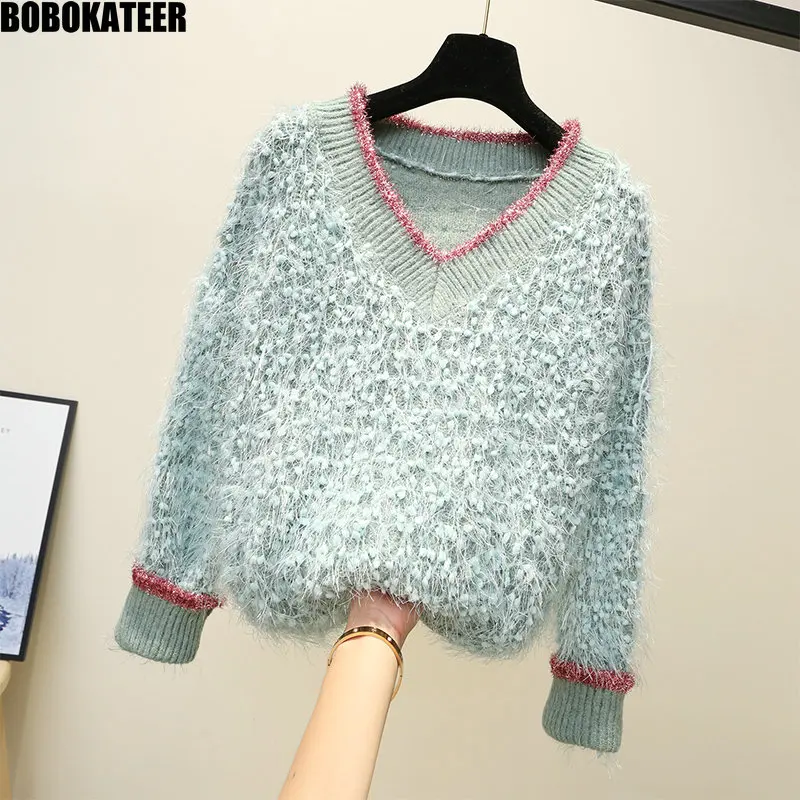 BOBOKATEER Fashion Autumn Winter Loose Pink Kawaii V neck Sweater Women Clothes White Fluffy Female Pullover New 2019 | Женская одежда