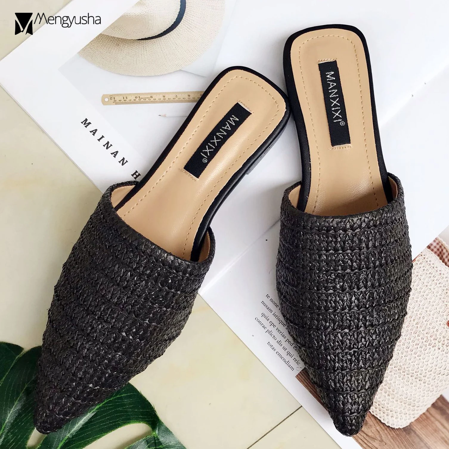 Мюли женские плетеные соломенные сандалии с заостренным носком брендовые