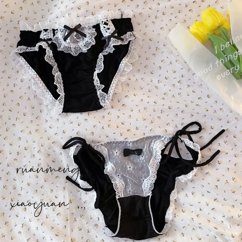 

Japanese Girl's Underwear Black Cute JK Maid Lace Sexy Two-Side Strap Bowknot Women Panties
