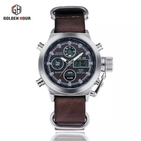 goldenhour 106 top luxury dual time watch men leather strap calendar alarm waterproof fashion casual men wristwatches