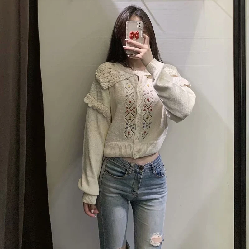

Укороченный вязаный кардиган, Женский Топ с длинным рукавом, Женский винтажный свитер с оборками, осенний кардиган с вышивкой для женщин