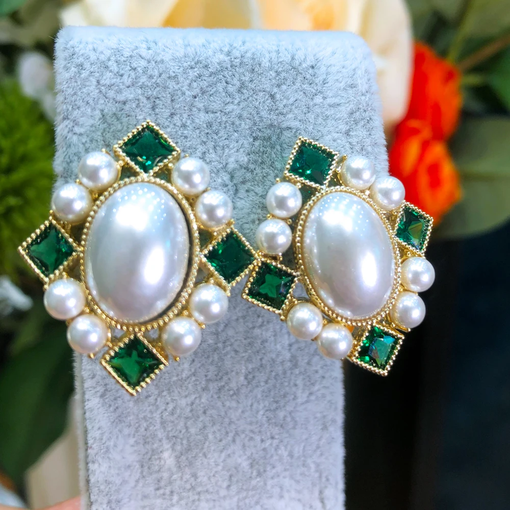 

Soramoore Trendy Oval Full Pearls CZ Drop Earrings For Women Wedding Party Cubic Zircon Dubai Bridal Earring boucle d'oreille