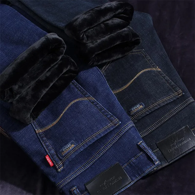 

Зимние новые модные толстые бархатные джинсы мужские прямые свободные Молодежные Теплые эластичные деловые повседневные брюки