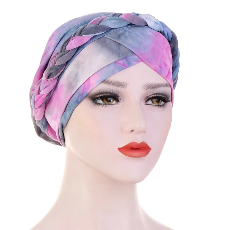 

Fashion Tie-Dye Printing Turban Hat Muslim Cancer Chemo Head Wrap New Braid Hijab Caps Inner Bonnet Ready To Wear Women Turban